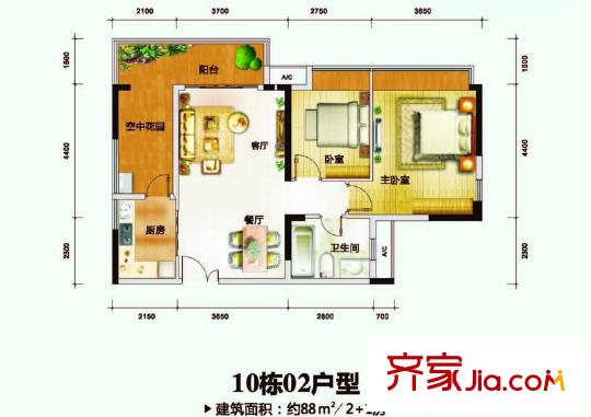莊士8號10棟標準層02戶型 2室2廳1衛(wèi)1廚