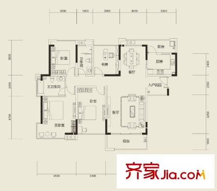 金地湖山大境301、306、307棟標(biāo)準(zhǔn)層G戶型裝修參考方案 4室2廳2衛(wèi)1廚