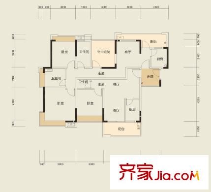 金地湖山大境301、306、307棟標(biāo)準(zhǔn)層G戶型平面圖 4室2廳2衛(wèi)1廚