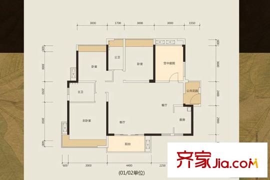 金地湖山大境505/506/507/508棟P1戶型 3室2廳2衛(wèi)1廚