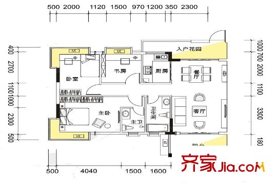 哈平方米小城二期E戶型 3室2廳2衛(wèi)1廚