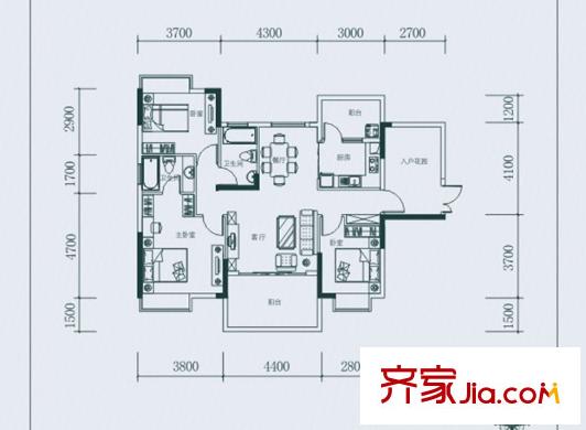 富盈WO城3棟2單元02房標準層雙魚座戶型 3室2廳2衛(wèi)1廚