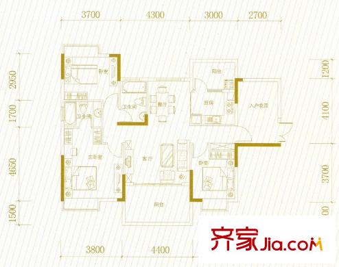 富盈WO城7棟1單元01標準層雙魚座戶型 3室2廳2衛(wèi)1廚