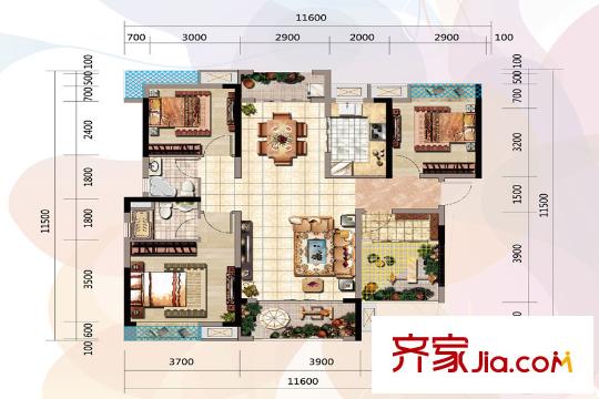 虎門萬達(dá)廣場(chǎng)B戶型 3室2廳2衛(wèi)1廚