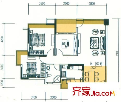 祥利上城1棟02A戶型 3室2廳1衛(wèi)1廚