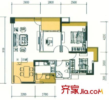 祥利上城1棟01A戶型 3室2廳1衛(wèi)1廚