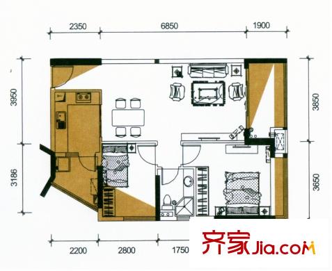 祥利上城6棟標(biāo)準(zhǔn)層02單元L戶型 2室2廳1衛(wèi)1廚