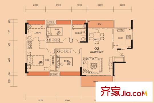 盛和豪園1棟01、2棟02戶型 3室2廳2衛(wèi)1廚