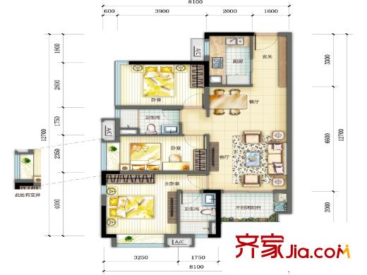 南部灣萬科城悅藏戶型 3室2廳2衛(wèi)1廚