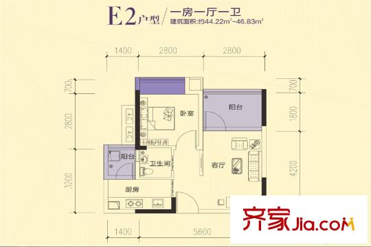 水榭蘭亭E2戶(hù)型圖 1室1廳1衛(wèi)1廚
