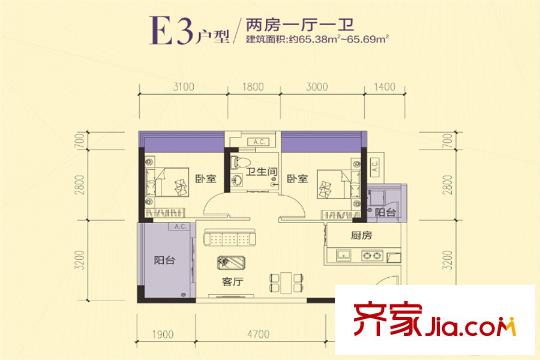 水榭蘭亭E3戶(hù)型圖 2室1廳1衛(wèi)1廚