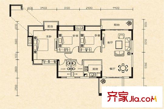 南峰華桂園A1戶型圖 3室2廳2衛(wèi)1廚