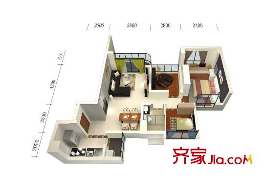碧桂園豪庭j330-03戶型2房2廳1衛(wèi) 2室2廳1衛(wèi)1廚