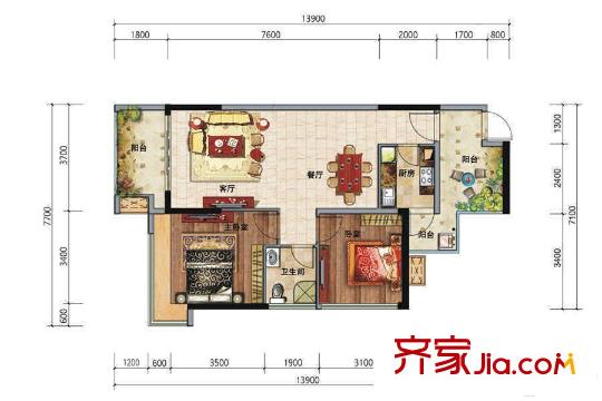 豐泰觀山碧水?凌峰2棟/3棟/6棟04戶型（88平方米） 2室2廳1衛(wèi)1廚