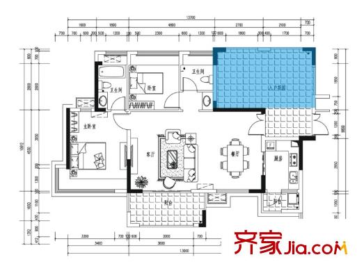 豐泰觀山碧水?凌峰2棟1、2單元02戶型  2室2廳2衛(wèi)1廚