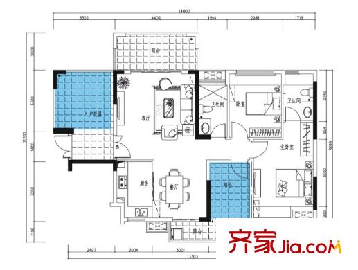 豐泰觀山碧水?凌峰2棟1、2單元03戶型  2室2廳2衛(wèi)1廚