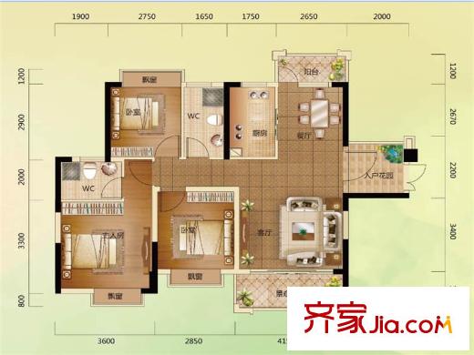碧琴灣花園3、4棟02戶型 3室2廳2衛(wèi)1廚