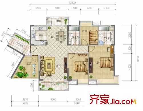 富盈御荷1-4棟標準層A-3戶型 3室2廳2衛(wèi)1廚