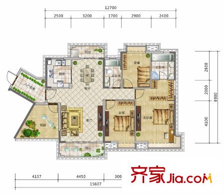 富盈御荷18-20棟標準層B-4戶型 3室2廳2衛(wèi)1廚