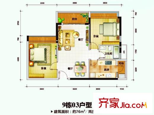 莊士8號(hào)9棟標(biāo)準(zhǔn)層03戶型 2室2廳1衛(wèi)1廚