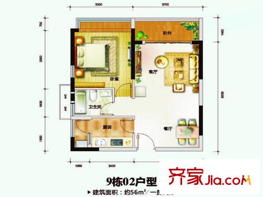 莊士8號(hào)9棟標(biāo)準(zhǔn)層02戶型 1室2廳1衛(wèi)1廚