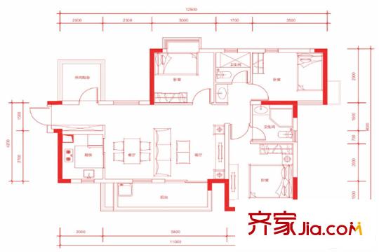 中惠平方米秀A2戶型圖 3室2廳2衛(wèi)1廚