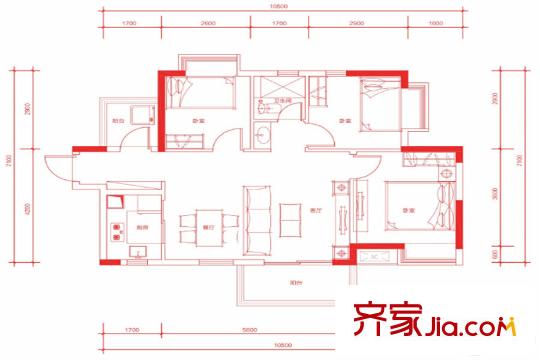 中惠平方米秀A6戶型圖 3室2廳1衛(wèi)1廚