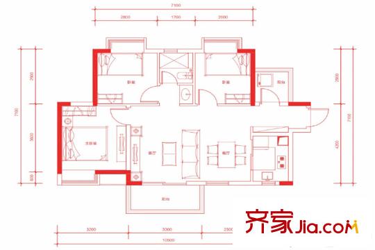 中惠平方米秀A1戶型圖 3室2廳1衛(wèi)1廚