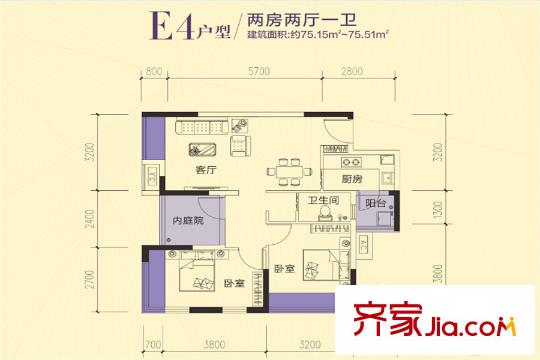 水榭蘭亭E4戶(hù)型圖 2室2廳1衛(wèi)1廚