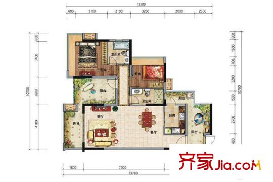 豐泰觀山碧水?凌峰2棟/3棟/6棟01戶型（104平方米） 2室2廳2衛(wèi)1廚