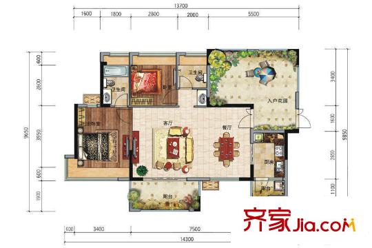 豐泰觀(guān)山碧水?凌峰2棟02戶(hù)型、3棟/6棟2單元02戶(hù)型（106平方米） 2室2廳2衛(wèi)1廚