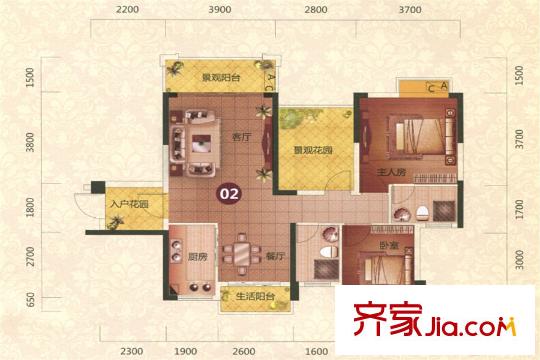 碧琴灣花園2棟2單元戶型 2室2廳2衛(wèi)1廚