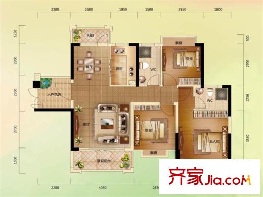碧琴灣花園3、4棟01戶型 3室2廳2衛(wèi)1廚