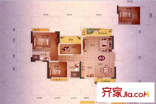 碧琴灣花園5、6棟02單元戶型 3室2廳2衛(wèi)1廚