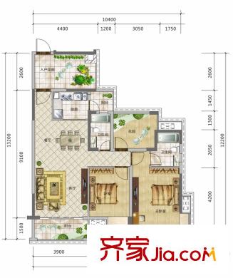 富盈御荷別墅戶型圖18-20棟標準層B-2室2廳戶型圖 2室2廳1衛(wèi)1廚