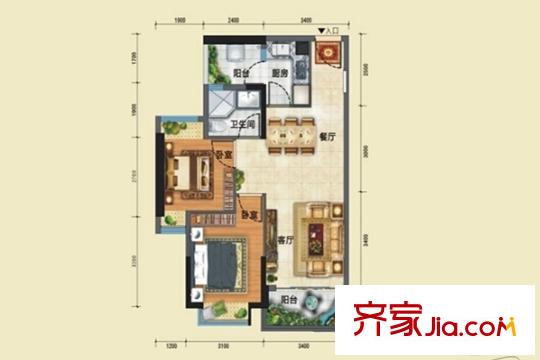 宏遠(yuǎn)康城假日C戶型73平方米2居室 2室1廳2衛(wèi)1廚