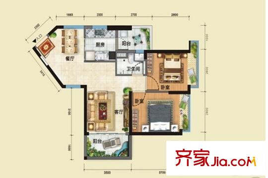 宏遠(yuǎn)康城假日B戶型88平方米3居室 3室2廳2衛(wèi)1廚
