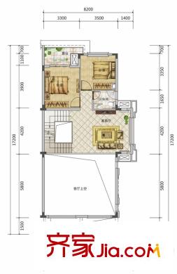 富盈御荷別墅戶型圖6棟1、4單元別墅H-1型二層平面圖 2室1廳1衛(wèi)