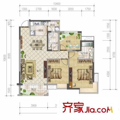 富盈御荷別墅戶型圖1-4棟標準層A-2室2廳戶型圖 2室2廳1衛(wèi)1廚