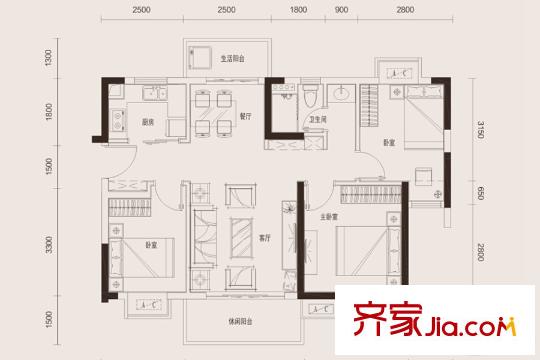 中惠悅峰B戶(hù)型（85平方米） 3室2廳1衛(wèi)1廚