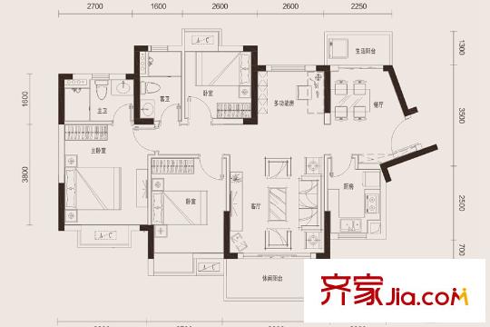 中惠悅峰A戶(hù)型（100平方米） 4室2廳2衛(wèi)1廚