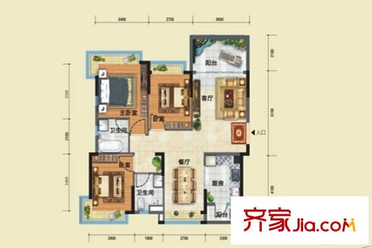 宏遠康城假日H戶型108平方米3居室 3室2廳2衛(wèi)1廚