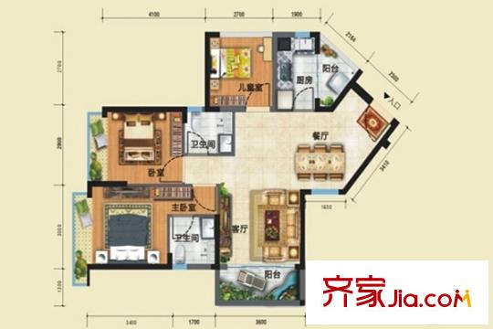 宏遠(yuǎn)康城假日D戶型87平方米3居室 3室2廳2衛(wèi)