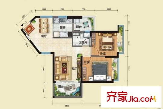宏遠(yuǎn)康城假日A戶型76平方米2居室 2室2廳2衛(wèi)1廚