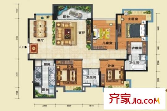 宏遠康城假日F戶型133平方米4居室 4室2廳2衛(wèi)1廚