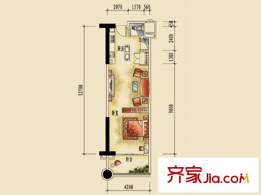 碧桂園十里銀灘臨海公寓01A戶型圖0702 1室1廳1衛(wèi)1廚