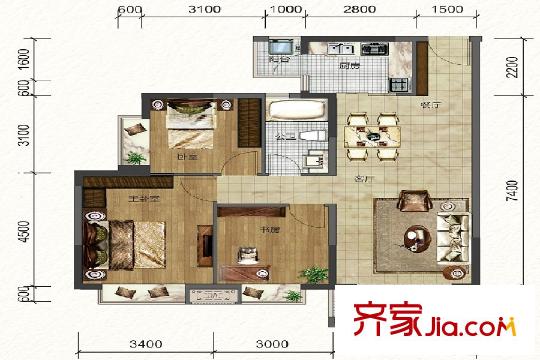 班芙春天1棟C戶型圖 3室2廳1衛(wèi)1廚