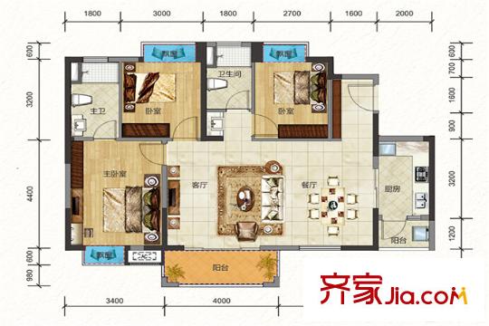 班芙春天7棟M戶型圖 3室2廳1衛(wèi)1廚