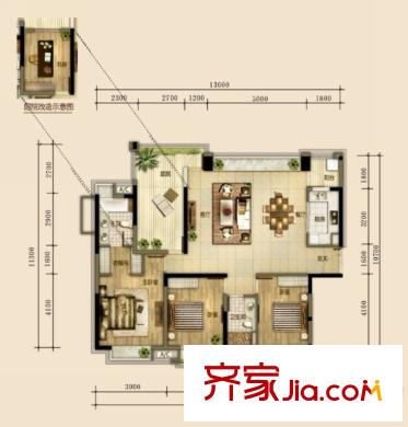 森林湖蘭溪谷戶型圖8棟3單元標(biāo)準(zhǔn)層03戶型 3室2廳2衛(wèi)1廚