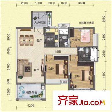 中惠香樟綠洲戶型圖45、58棟樓王景觀戶型 3室2廳2衛(wèi)1廚